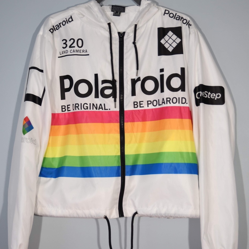 White Polaroid windbreaker with a cinching waist
